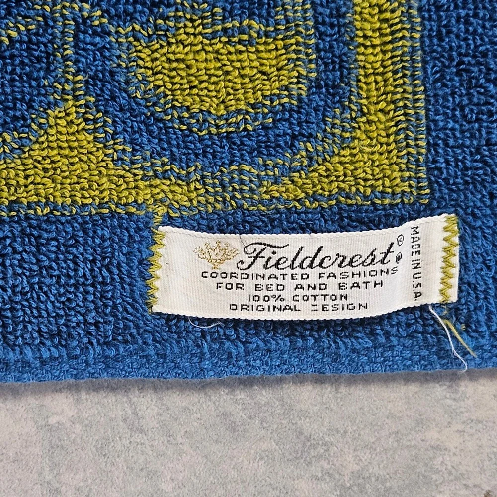 Vintage Fieldcrest Rose Floral Bath Towel Blue Lime Green Cotton Fringed USA MCM